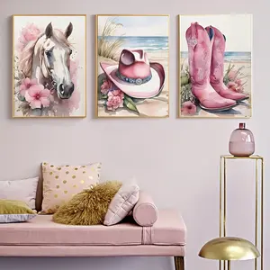 Cowgirl & Boots Pattern Unframed Painting, 3 Counts/set Western Style Canvas Wall Art, Wall Decor for Home Living Room Bedroom, Ornaments, Modern Home Decor