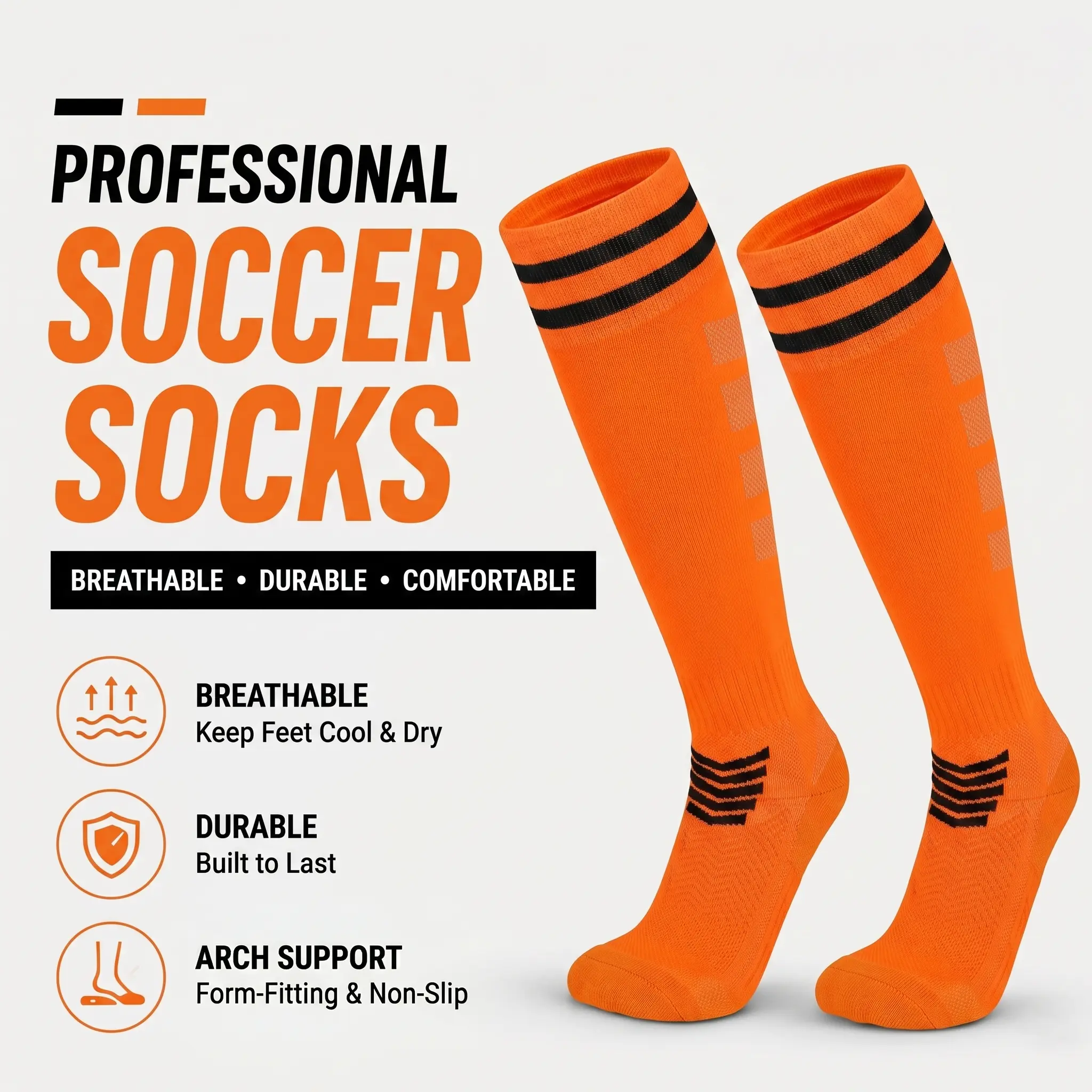 Men's Knee-High Sporty Soccer Socks - 3D High-Density Breathable Training Tube Socks with Cushioned Terry Sole, Arch Support, Knee Support, Sweat Control for Football, Sporty Sports Socks, Sweat Control Sports Socks