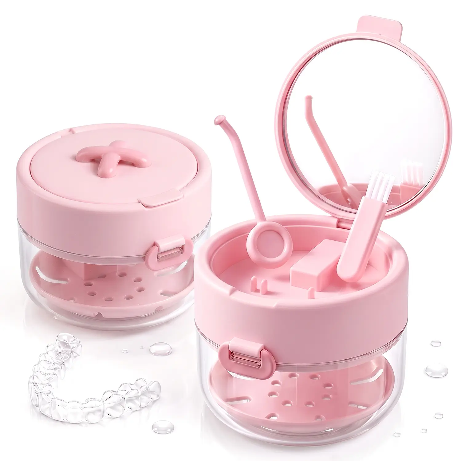 Retainer Cleaner Case Box,Storage Soak Container with Drain Tray for Travel Cleaning with Mirror and Brush, Large Capacity Denture Bath Case with Mirror Cleaning Brush and Removal Tool for Orthodontic and Denture Users, BackToSchool