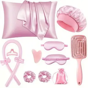 14PCS Pink No-Heat Curling Set, Velvet Hair Curlers to Sleep in Satin Bonnet Curl Styling Kit for Friends, Girl, Women, Mom