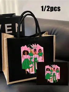 1/2pcds Printed With Sorority Sisterhood Theme Black Linen Tote Bag Collection,Lightweight Linen Chic Print Tote Bag And Makeup Bag, Storage Bag,Spacious Shoulder Bag For Women,With Large Capacity & Durable Shoulder Bag With Sorority Sisterhood