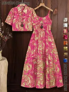 Women's All Over Print Cami Dress & Button Front Outwear Two-piece Set, Casual Boho Bohemian Fashion Cozy Two Piece Outfits for Daily Outdoor Wear, Women Clothes for Spring Fall, Boho Style, Womenswear