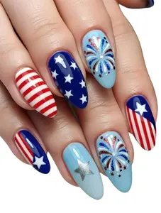 24Pcs Independence Day Firework &American Flag Style Nails Set
