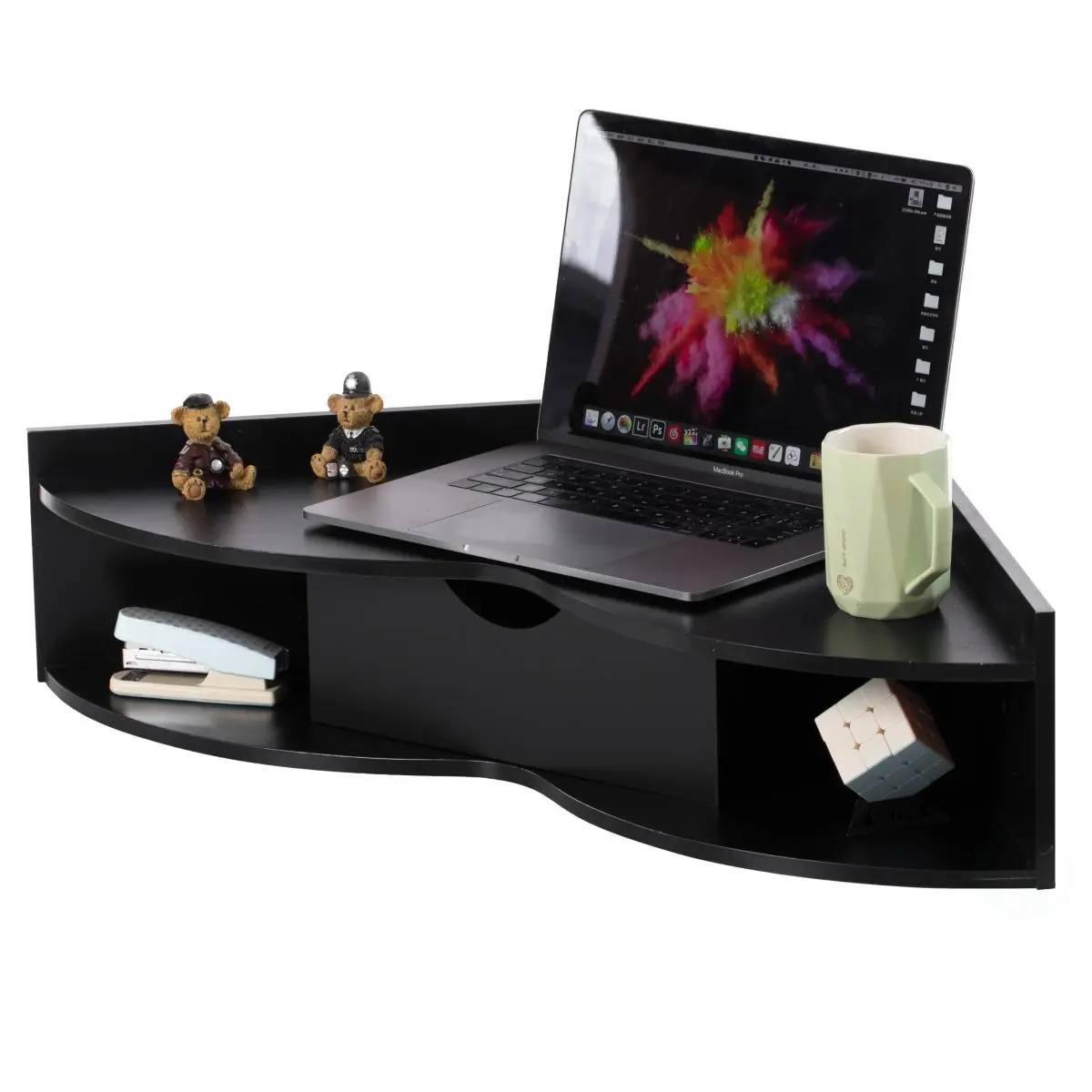 212 MAIN Heart-Form Corner Desk with Drawers - 7x33x23.5 in. Wall-Mounted MDF Office Writing Table, 2 Shelves, Easy Setup for WFH, Black Composite Wood Commercial Furniture