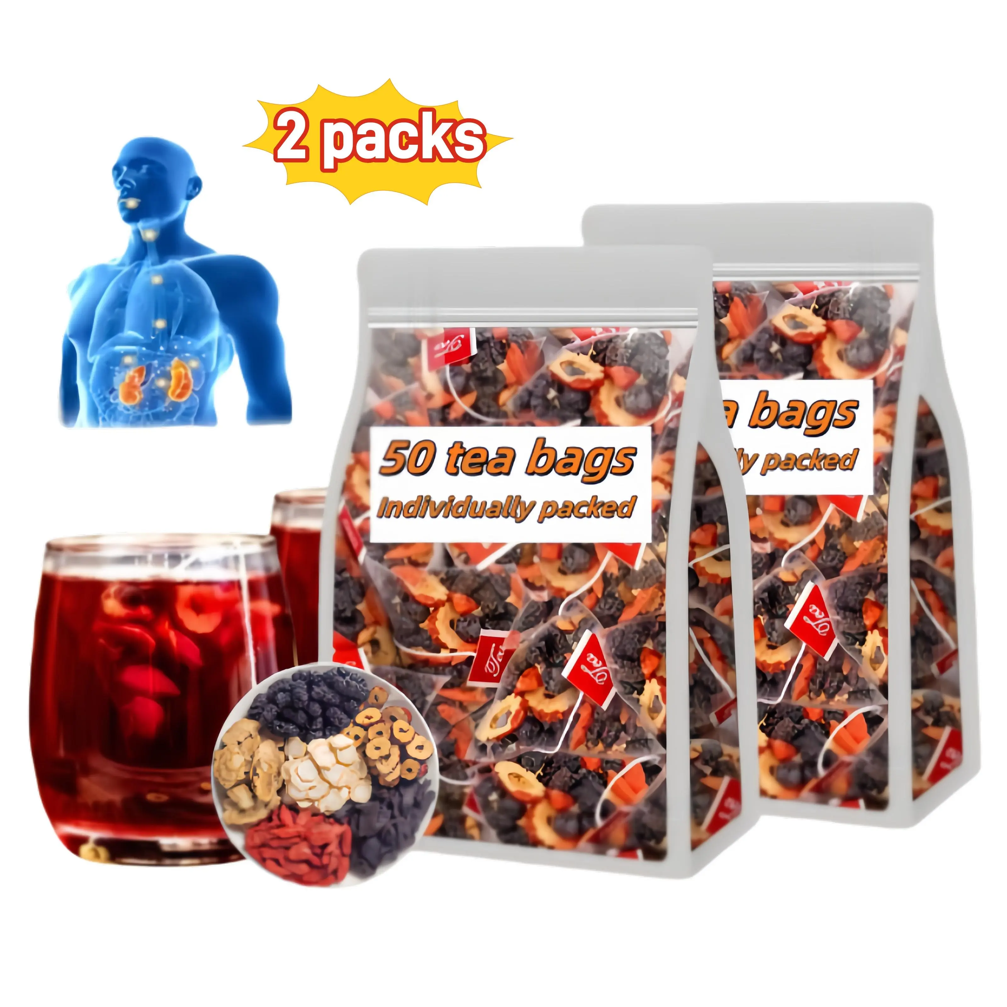 Kidney Tea Formula Ginseng Five Treasure Tea - Men & Women Kidney Health Chinese Herbal Formula for Natural Detox Cleanse, Men’s Health Tea 50BAGS