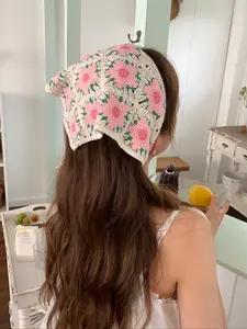 Boho Style Flower Pattern Crochet Kerchief, Cute Hair Accessories for Women & Girls, Minimalist Headwear Suitable for Beach Vacation Use, Practical Headwear, Bohemian Flair