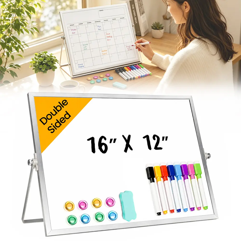 Double-Sided Desktop Whiteboard with Stand - 16in x 12in Portable Magnetic Dry Erase Easel, Includes Markers & Eraser for Office, Home Use