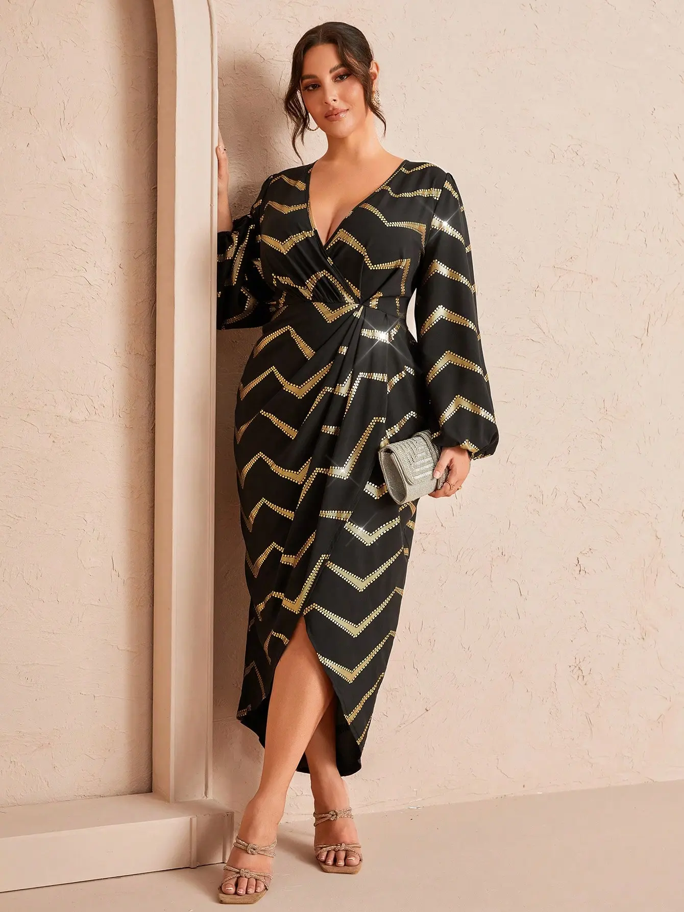Plus Size Elegant Wrap Dress Black & Gold Chevron V-Neck Long Sleeve Boho Chic Outfit Plus Size Elegant Wrap Dress Black & Gold Chevron V-Neck Long Sleeve Boho Chic Outfit