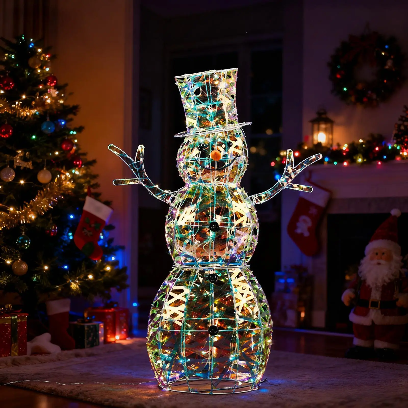 4FT Lighted Iridescent Snowman Christmas Decorations Pre-lit Holiday Display with 100 Warm White LED Lights for Indoor Outdoor Use Easy Assembly & Storage Weather-Resistant Design