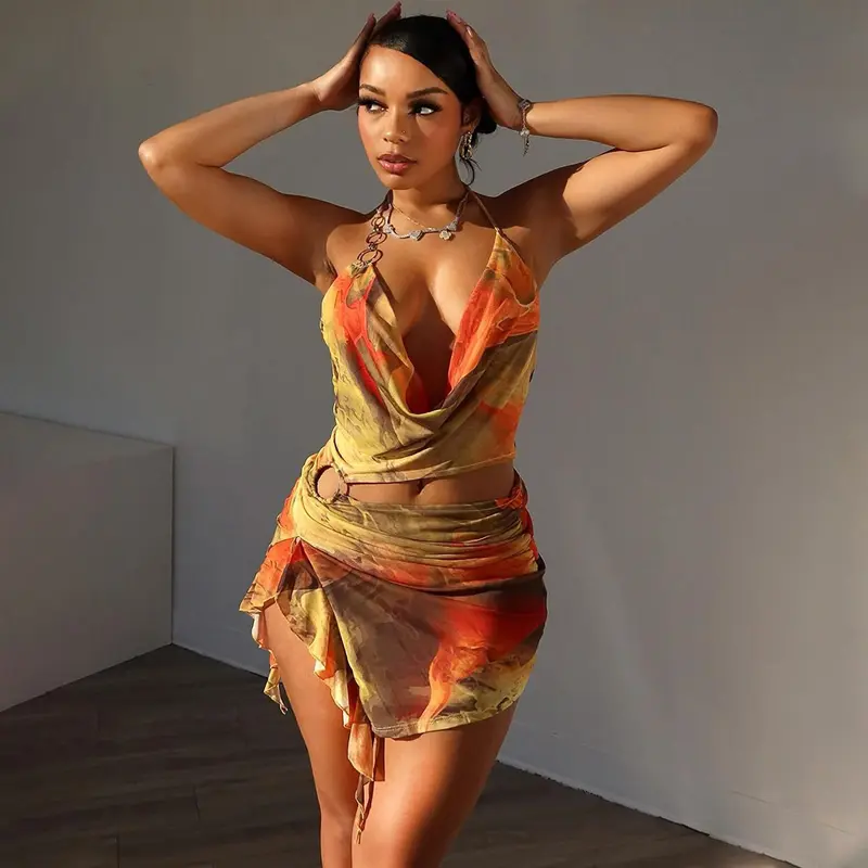 Women's 2025 Summer Tie Dye Print Swing Collar Asymmetrical Bodycon Cami Dress - Above Knee, Thigh Split, Sexy for Party, Club Outfits