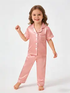 Kids Pajamas Children's Sleepwear Children’s color‑block pajama set, short‑sleeve and long‑pant styles, made from soft, cool satin fabric · front vent design · suitable for ages 1–8 · boys and girls can wear it