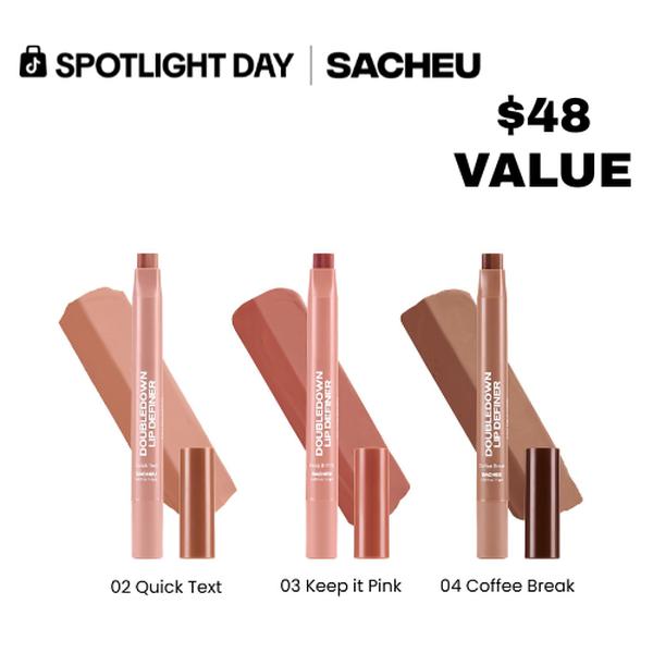 sacheu DoubleDown Lip Definer Trio - 3-Pack 2-in-1 Lip Liner & Balm Set, Long-Lasting K-Beauty Lipstick with Satin Finish, Avocado Oil & Vitamin E, Nude, Pink & Brown Shades Pigmented Lip Balm