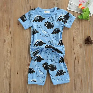 Baby Short Sleeve + Shorts, Cartoon Dinosaur Print Casual Style Loose Version Summer Clothing