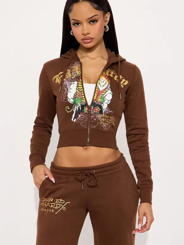 Women's Tiger Peak Zip-Up Long Sleeve Hoodie - Brown, Chic Womenswear Tops, Casual Everyday Sweatshirt for Jeans & Leggings Pairing