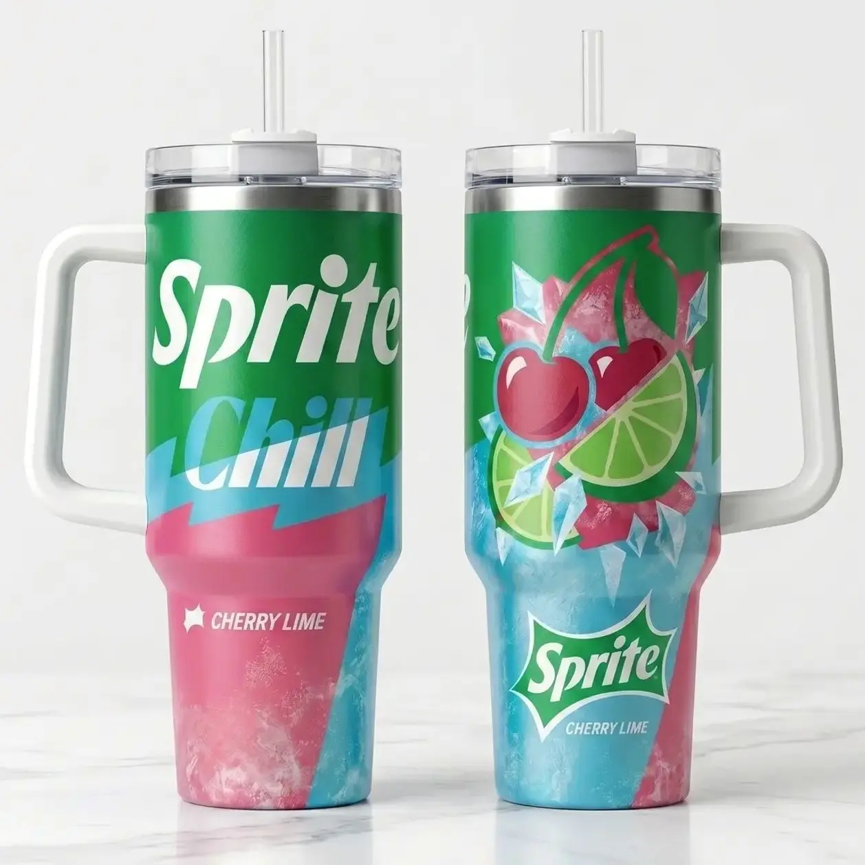 Sprite Chill Cherry Lime 40oz Tumbler with Handle, Ice Cold Splash Lemon Lime Aesthetic Cup, Vacuum Insulated Stainless Steel Travel Mug, Leak Resistant Lid & Straw, Car Cup Holder Friendly, Authentic Neon Soda Flavor Fans Summer Gift
