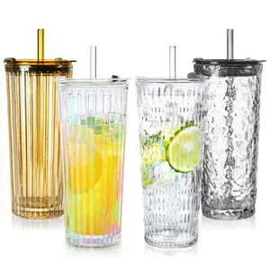 Puraville 4 Pack 18oz Glass Cups with Lids and Straws, Vintage Pattern Thickened Glassware for Whiskey Cocktail Beer, Mason Jar Drinking Glasses Tumbler Iced Coffee Cup, Multi Color