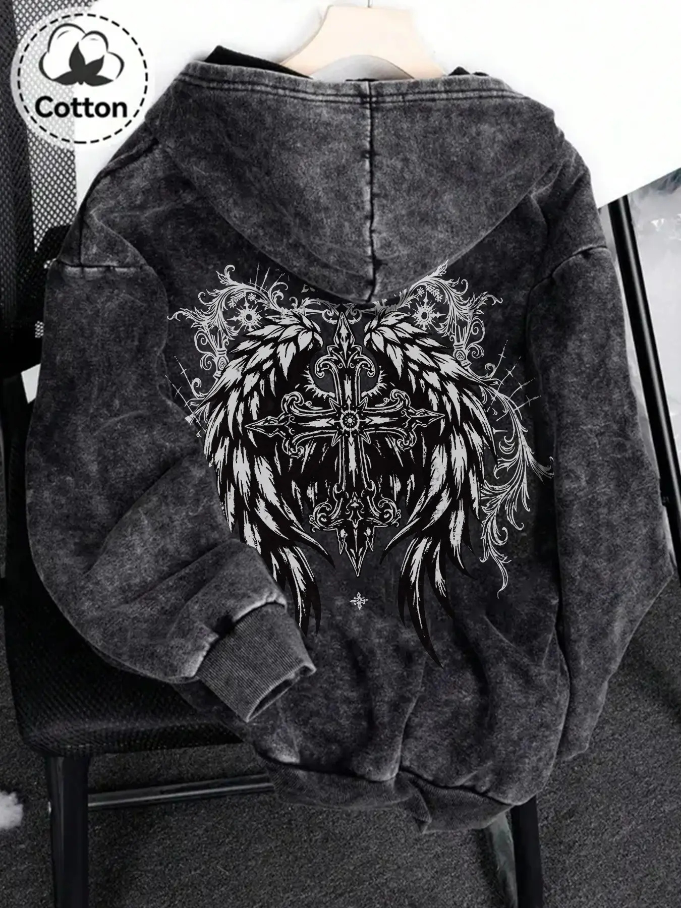 Men's Vintage Dark Cross Wings Graphic Print Hoodie Sweatshirts, Tops, Street Style Fitted Jacket, Casual Spring & Fall Outerwear, Trendy Design, Grunge Streetwear