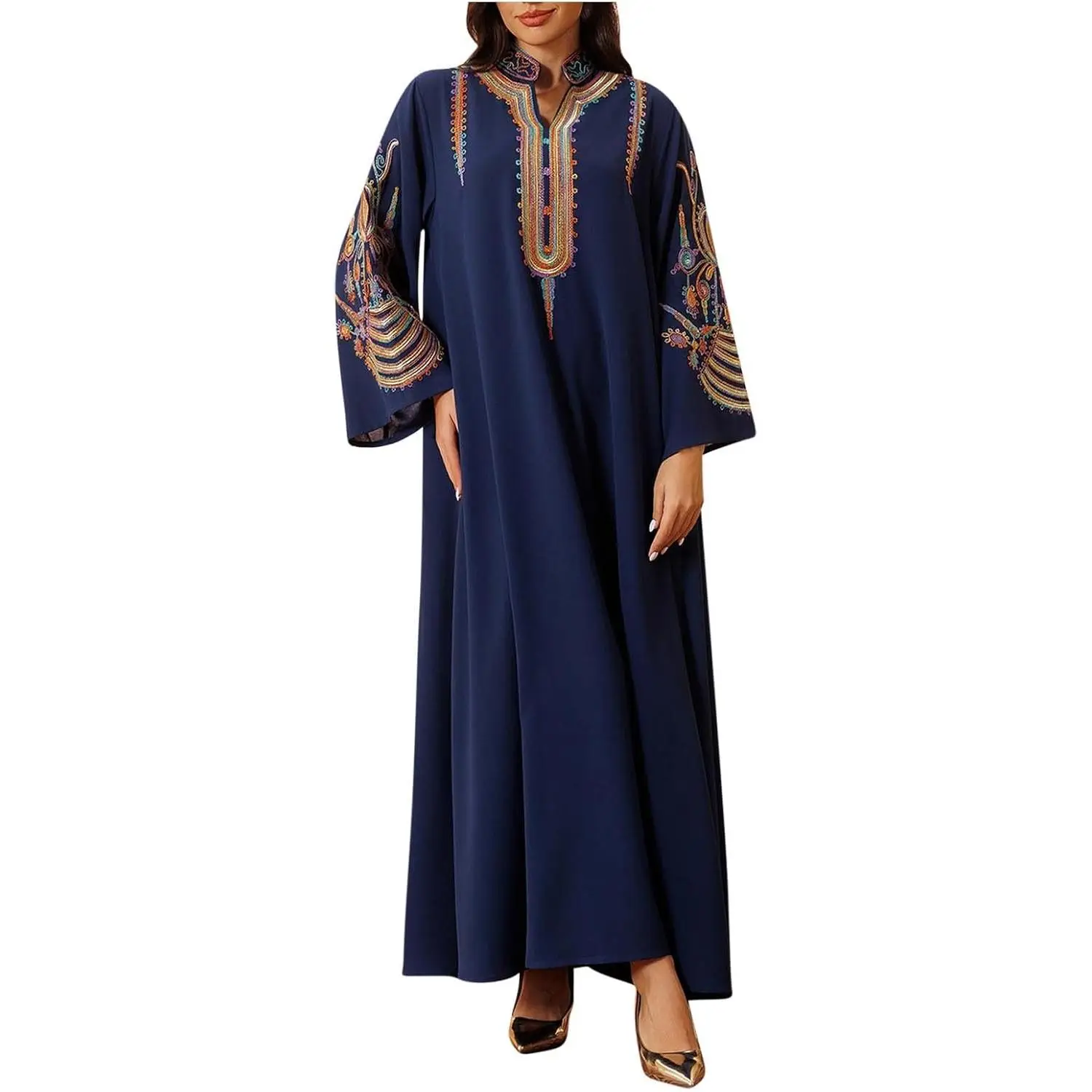 Muslim Abaya Dress for Women – V Neck Embroidered Kaftan – Arabic Islamic Dubai Prayer Robe Dress – Holiday Evening Dress