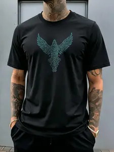North European Viking Rune Crow Print Short Sleeve Crop Top, Vintage Washed Pure Cotton T-Shirt, Casual Graphic Tee