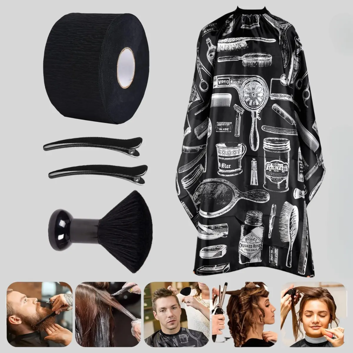 Hair Care Accessories Kit, Professional 5-Piece Solid Black Set for Stylists with Anti-Static Cape, Neck Duster, Clips & Strips, Barber Cape, Duster Brush, Adjustable Size, Chemical-Resistant, Cloth Wrap