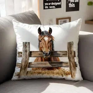 1pc Simple Fenced Horse Decorative Pillow Case, Single-Sided Print Soft Peach Velvet Fabric, 45*45CM/18*18inch Pillowcase For Modern Fabric Sofa Indoor Decor, Party Decor, Gift