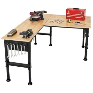 70"x47" L-Shaped Heavy Duty Work Bench, 3300 LBS Load Capacity Heights Adjustable Workbench, Work Benches for Garage with Power Outlet & Pegboard, Rubber Wood Work Table for Office, Workshop, Home