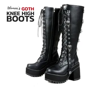 Goth Boots For Women Knee High Boot Round Toe Chunky Block High Heel Lace Up Side Zipper Metal Buckles Studs Combat Punk Rave Rock Party Concert Motorcycle Trendy Gothic Booties