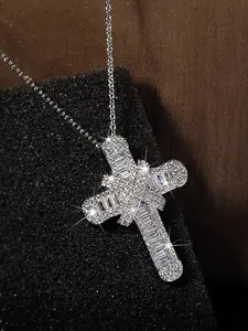 Women's Zircon Cross Pendant Religious Necklace, Simple Design Unique Personal Style Daily Wear Party Jewelry, Trendy Hip Hop Accessory, Statement Necklace