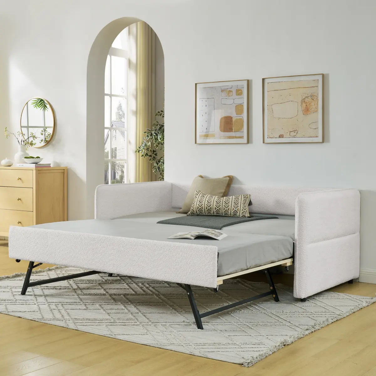 83" Width Tufted Beige Boucle Fabric Arch Daybed Sofa with Trundle, Modern Upholstered Lazy Sofa, 43"x29.5" Twin Sleeper Upholstered Couch Bed, Easy-Setup Indoor Furniture, Modern Upholstered Sofa