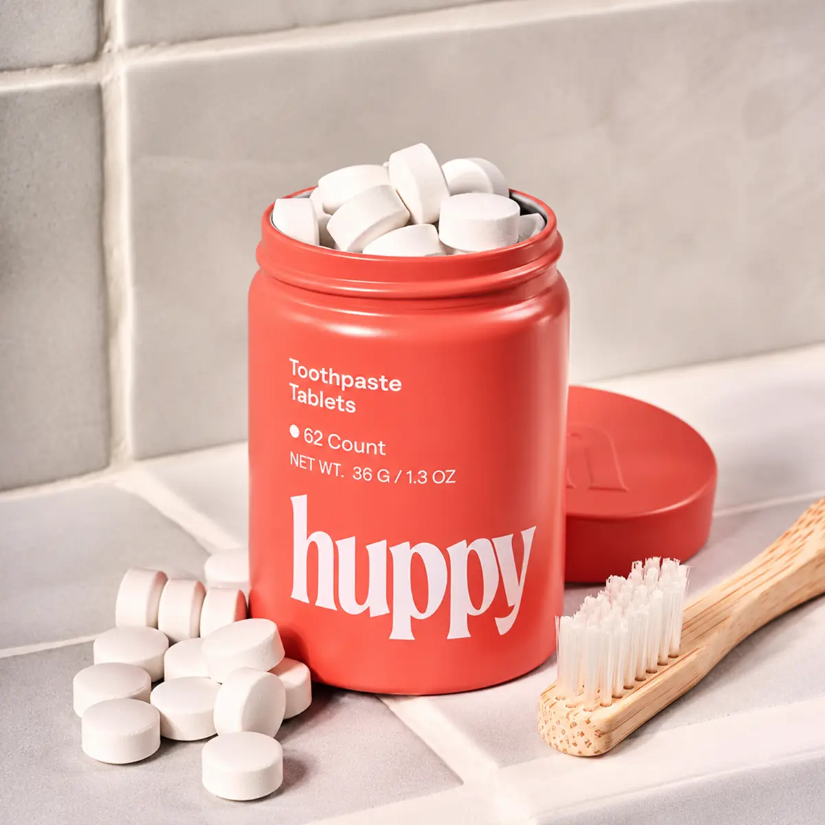 Huppy Strawberry Toothpaste Tablets, Fluoride Free, Plastic Free with 10% Hydroxyapatite, Whitening + Remineralizing, Mint Free, Travel Friendly, Reusable Tin + 62 Tablets