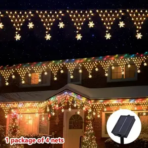 Solar Powered Christmas Snowflake Triangle Mesh Hanging Lights - 8 Modes, Outdoor String Lights for Yard, Fence, Roof & Wall Decoration, Perfect for Holiday Celebrations, Christmas & Halloween Decorations, Outdoor Christmas Decorations, LED Star Light