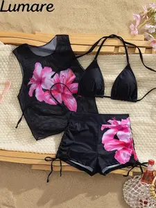 3-Piece Halter Bikini Set with Floral Mesh Coverup, Side Tie Beach Vacation Swimwear