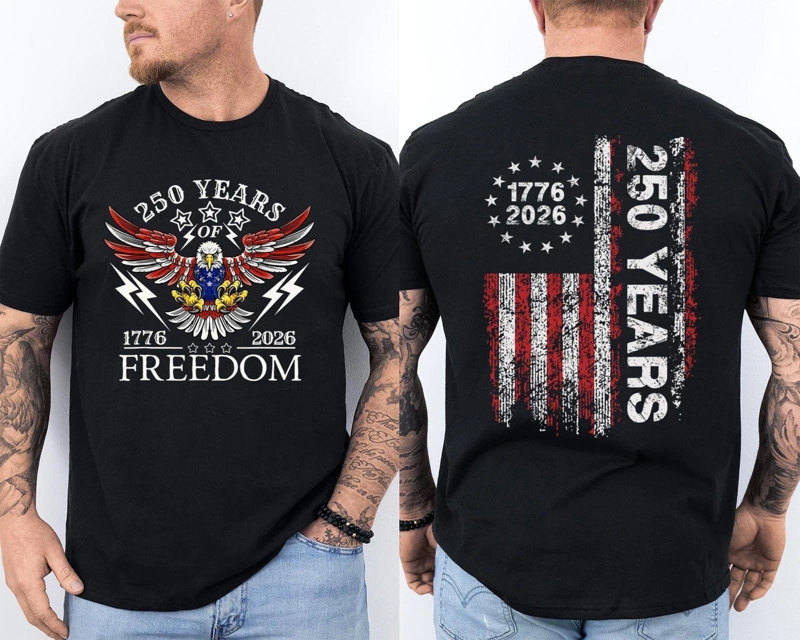 America 250th Birthday T-Shirt, USA Flag Eagle Patriotic 1776–2026 Tee, Double Sided Print, 4th of July Shirt