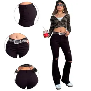 Women's High Waisted Ripped Flared Black Denim Jeans - Distressed Bootcut Pants Y2K Streetwear Outfits