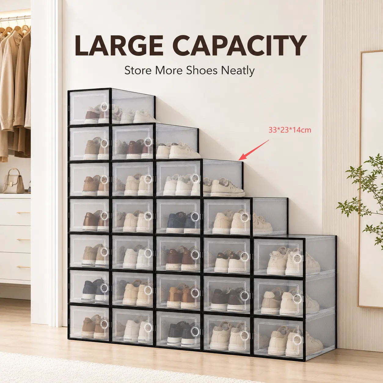 Clear Shoe Storage Boxes, Plastic Stackable Shoe Containers with Lids, Display Sneaker Case Organizer for Closet, Under Bed, Entryway