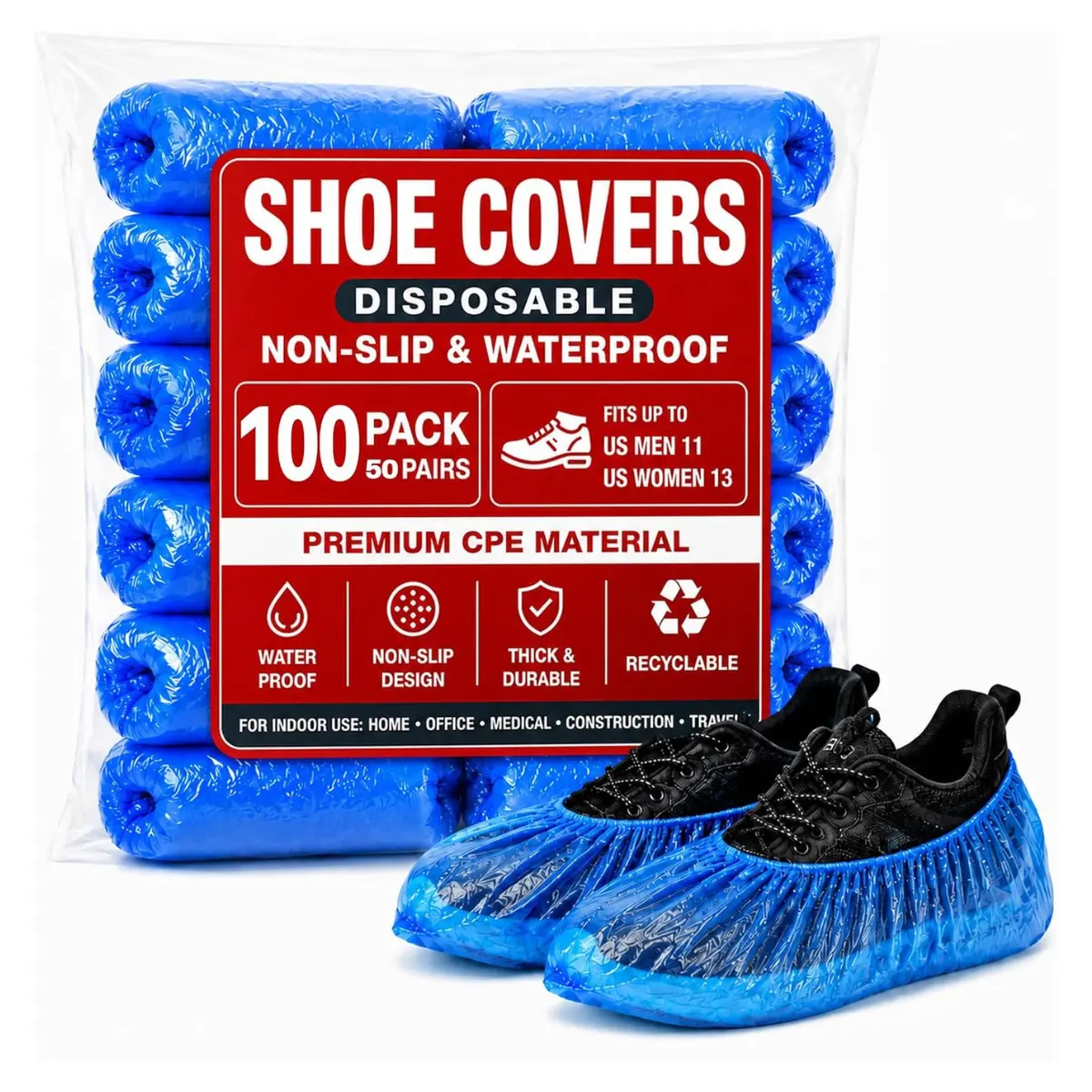 100 Pcs Disposable Shoe Covers, Waterproof Non-Slip Boot Covers