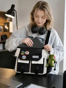 Kawaii Aesthetic Crossbody Bag for Women, Vintage Black White Canvas Shoulder Purse with Plush Dinosaur Keychain, Badge Pins, Front Buckle Pockets, Side Drawstring Pockets, Wide Adjustable Strap, Casual Commuter Bag for School, Office, Shopping, Vacation,