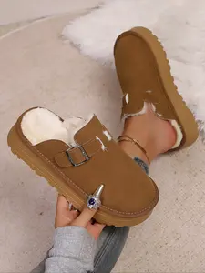 Women’s Winter Fur Lined Platform Clog Slippers, Comfortable Slip-On Mule Shoes, Soft Cozy Slippers, Fashion Warm Indoor Outdoor Walking Shoes, Fur Lined Clogs