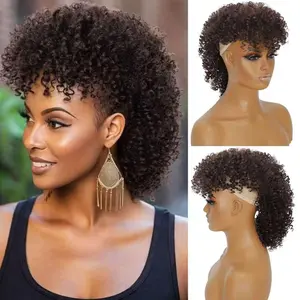 Dark Brown Kinky Curly Clip On Ponytail with Bangs Fluffy Synthetic Hair Extension Women Party Daily Hairpiece