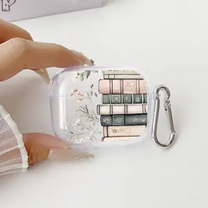 Books and Blooms Pattern TPU Soft Protective Case for Apple AirPods 4/3/2/1/Pro/Pro2 Transparent Earphone Cover with Keychain Attachment