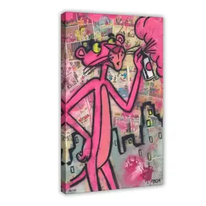Modern Poster Graffiti Art Pink Panther Canvas Painting Colourful Posters and Prints Wall Art Living Room Home Decor, Trendy Street Art Style, Vibrant Aesthetic Ornament, Perfect for Bedroom Dorm Cafe Studio Decoration