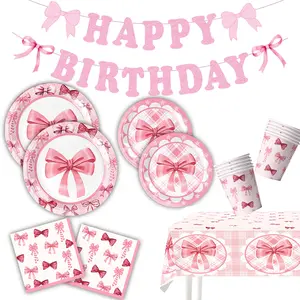 53 Pcs Pink Bow Coquette Birthday Party Decorations - 20 Serves Paper Plates, Napkins, Cups etc. - Bow Themed Tableware Supplies