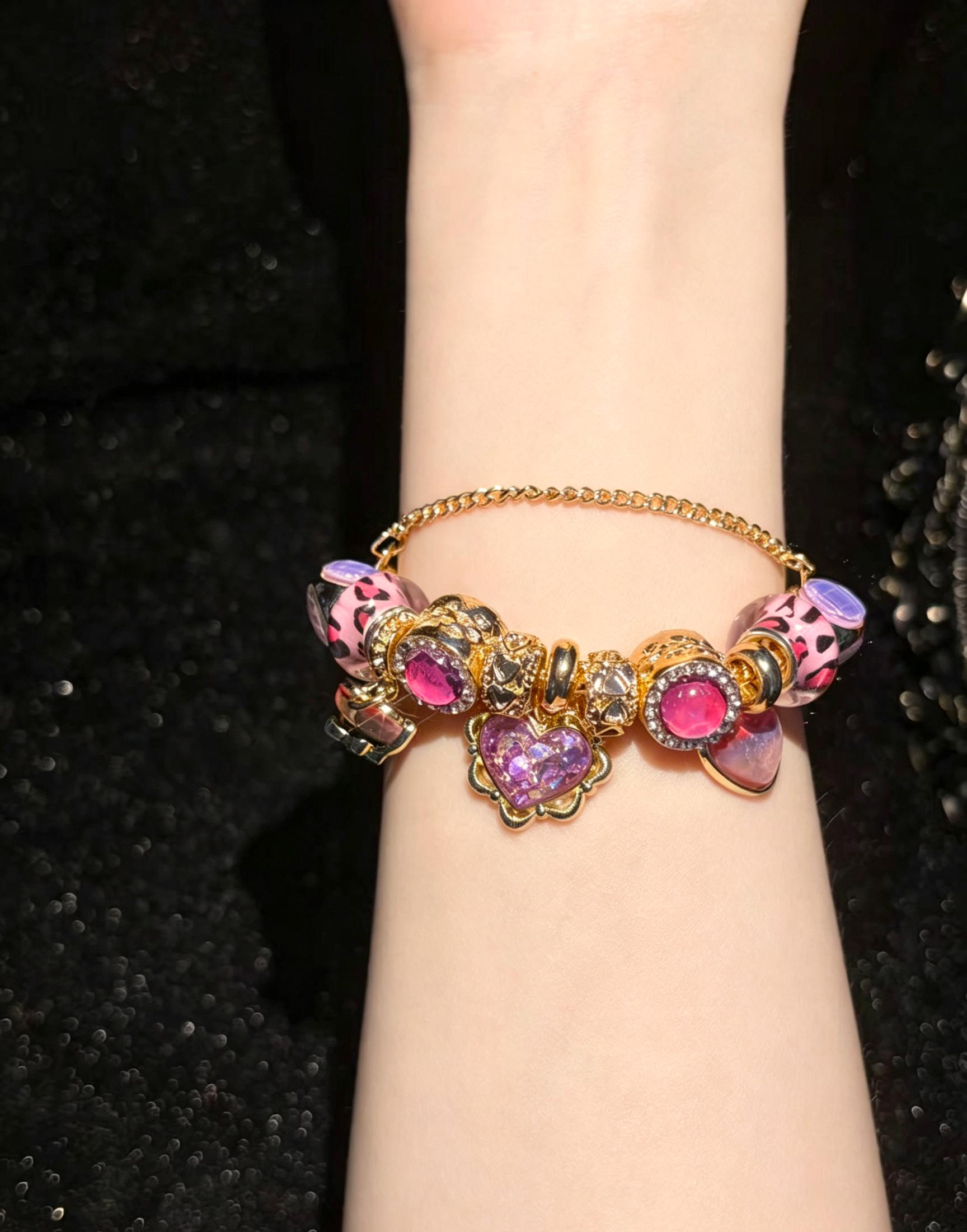 Women's Gold-Tone Stackable Adjustable Bracelet - Pink Leopard Print Beads, Glitter Heart Pendant, Bright Pink Rhinestone Charms - Fashion Statement Jewelry Gift