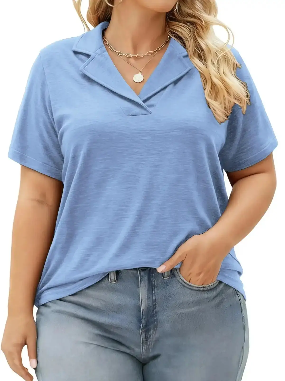 Plus Size Shirts for Women Summer V Neck Polo Collared TShirt Basic Short Sleeve Tops Loose Fit Work Tees DPS1172 XL-5XL summerwins Blue Casual essential refined elegant brunch outfit