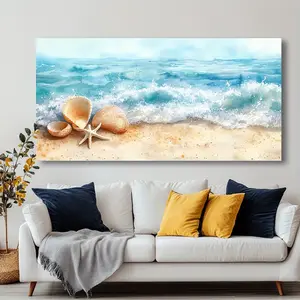 Modern Abstract Framed Canvas Art: Beach Shells & Waves — Vivid Coastal-Themed Painting for Living Rooms, Bedrooms, and Offices — Create a Beach-Inspired Home Décor and Artistic Bedroom Atmosphere