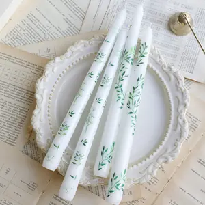 Elegant 25cm Floral Long Candle Set, 2pcs Plant Pattern Candles with Olive Leaves & Roses, Soy Wax, Clean Burn, Wedding Decor