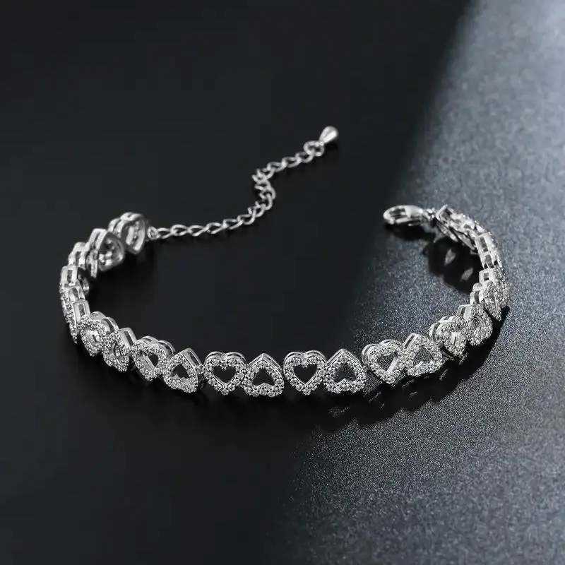 GleamJoy L Women's Elegant Link-Style Heart Motif Cubic Zirconia Rhinestone Bracelet - Sparkling Zircon Sparkle, Metal Coating, Party-Ready Fashion Costume Jewelry Accessory