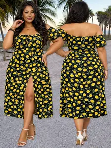 Plus Size Lemon Print Midi Dress Sweetheart Neck Puff Sleeve High Slit Dress for Summer Vacation