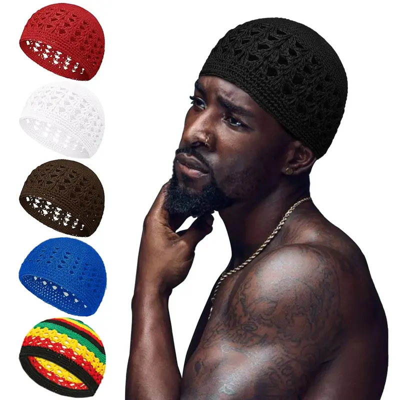 Men's Stretchy Breathable Knit Kufi Hat - Brimless Crochet Texture Beanie, Elastic Fit, Casual Modest Daily Muslim Clothing Accessory for Autumn-Winter Warmth