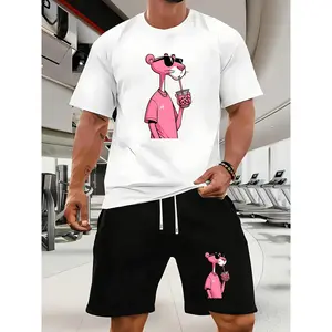 Men'S Casual Short Sleeve T-Shirt and Skinny Shorts Set with Pink Leopard Print - Stylish Bear Pattern, Lightweight Polyester, Perfect Spring/ Summer Clothing, Fitness Clothing | Lively Print | Elastic Texture Fabric Menswear
